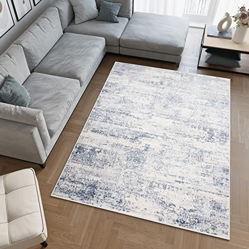 TAPISO Sky Teppich Kurzflor Creme Blau Grau Abstraktes Muster 120 x 170 cm | Modern Meliert Verwischt Design Wohnzimmer Schlafzimmer 3D Optik OEKO-TEX