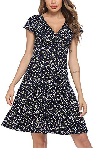 Beyove Abito estivo da donna, lunghezza al ginocchio, scollo a V, linea A, a maniche corte, in jersey, floreale, estivo, da spiaggia, Blu, L