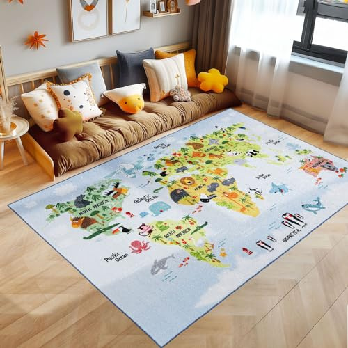 SIMPEX Alfombra Infantil Azul 120x170 cm Mapa del Mundo con Animales Diseño Moderno Antideslizante Lavable Suave Antialérgica Habitación