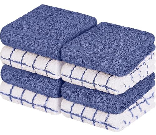 Westlane Linens 30x30cm Small Cotton Tea Towels for Kitchen – Soft Dish Cloths, Lint-Free Cloths, and Kitchen Towels Set (Blue & White - Pack of 8)