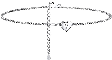 PROSILVER Damen Fußkettchen Buchstabe M 925er Silber Rolokette Fußarmband mit Herz Charms schlichte Mädchen Fußkettchen 22+5cm Rolokette Knöchel Armband Sommer Schmuck Accessoire