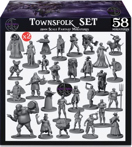 Newcombie Wildspire 58 Fantasy Miniatures Set Townsfolk Characters for DND Miniatures Bulk 28mm Dungeons and Dragons Miniatures | for DND Minis and D&D Miniatures I Character Sheets & Quests