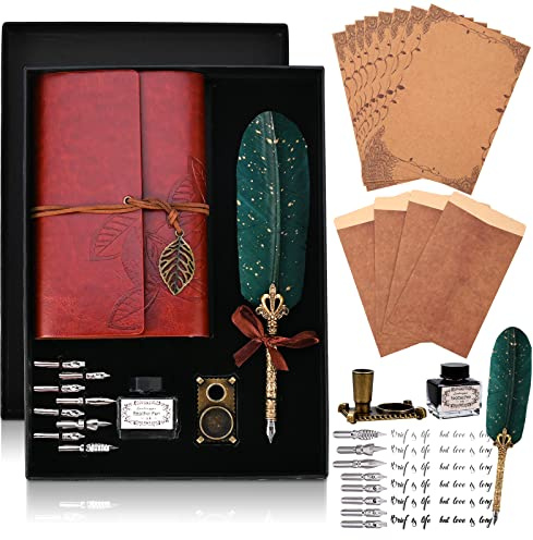 Cieex Conjunto de Pluma de Plumaje con Cuader de Cuero, Pluma de Inmersion Pluma Escritura, Puntas, Tinta, Soporte Bolígrafos, Sobres, papeles, Mejor Regalo para Amantes de Artículos Retro