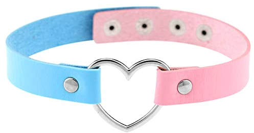 Flongo Tattoo Choker Leder Halsband Lederhalsband Damen Kragen Halskette Anhänger Kette mit Herz Gothic Punk Rock für Frauen Mädchen Pink Blau