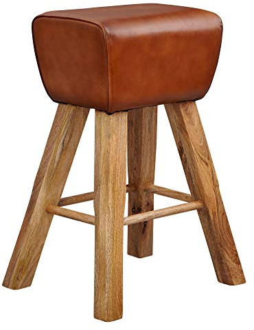möbelando Barhocker Turnbock 43x75x43 cm Mango Massivholz/Echtleder | Design Barstuhl Braun | Lederhocker ohne Lehne | Country Hocker Tresenstuhl
