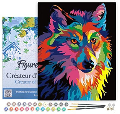 Figured'Art Peinture par Numéro Adulte avec Cadre Loup Pop Art - Activité Manuelle Kit de Loisir Créatif DIY Numéro d'Art Complet - 40x50cm toile tendue sur châssis