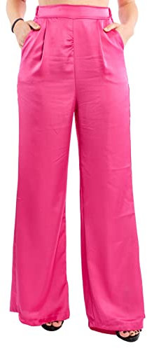 m modáh Pantalone Lungo a Palazzo in Raso Lucido da Donna, 100% Made in Italy, Taglia TU Colore Fucsia