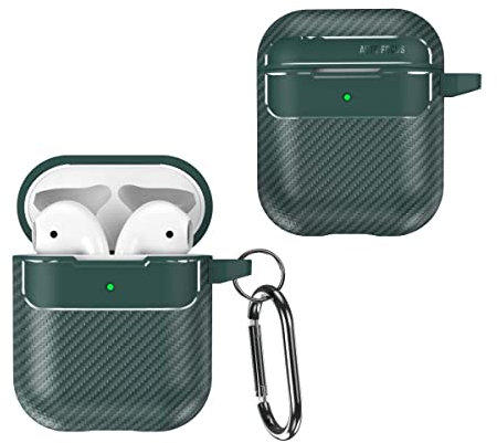 GOKEN Cover per Airpods 1/2, Silicone TPU Fibra di Carbonio Custodia, Protettiva Case con Moschettone, Antiurto Protezione Shell, LED Frontale Visibile, Verde