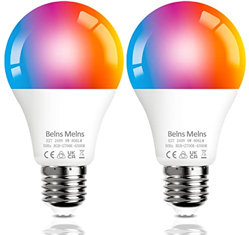 Belns Melns Alexa Glühbirne E27 Smart Lampe, Wi-Fi LED Birne Dimmbare & Warmweiß-Kaltweiß, App Steuern Kompatibel mit Alexa Echo Google Home, 2er Pack