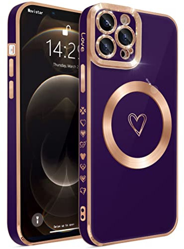 ECZOIL Compatible with iPhone 12 Pro Max Case MagSafe,Full Camera Lens Protection Luxury Electroplated Cute Heart Magnetic Case for iPhone 12 Pro Max for Women Girls-Deep Purple