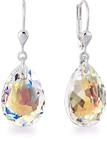 Schöner-SD 925 Silber Ohrringe Tropfen Kristall 16mm Crystal Aurora Boreale