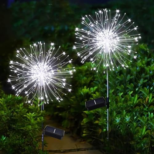 Joycome Lampe Solaire Exterieur Jardin 2 Pièces 120 LED Feu d'artifice Solaire, 8 Modes Éclairage Extérieur Solaire, Étanche Lampe Solaire de Pissenlit pour Jardin Pelouse Terrasse Décoration - Blanc