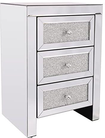 BinOxy Bedside Tables 1 Stück Kristall-Diamant-Spiegel-Nachttisch, Nachttisch, Schublade, Schlafzimmermöbel mit 3 Schubladen, Nachttisch, Aufbewahrungsschrank, Silber Nachttischschrank