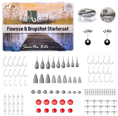 Zite Fishing Finesse & Drop-Shot Angeln Starter-Set - 125 Teile Carolina Texas Dropshot Rig Box Barsch & Zander - Bleie Cheburashka Offset Haken Fluorocarbon Vorfach & Mehr
