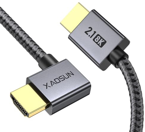 XAOSUN 8K HDMI 2.1 Cable 2M Right Angle, 48Gbps Ultra HD 8K@60Hz 4K@120Hz | eARC HDR10 HDCP 2.3 | Braided Nylon & Gold-Plated Connectors | Compatible with PS5/Xbox Series X/S/Samsung/LG TV/Blu-ray