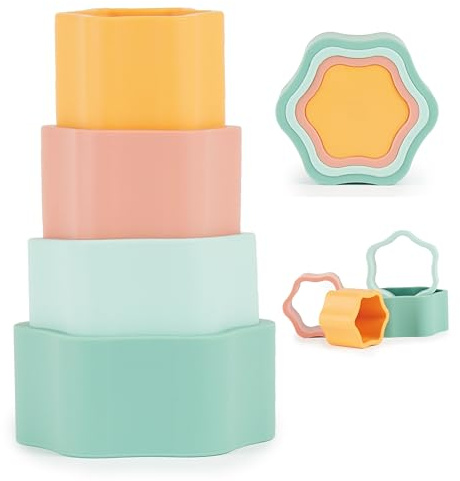 Bieco Silikon Baby Stapelspiel Tropical Vibes Baby Stapelturm ab 1 Jahr | Stapelbecher Baby bpa frei | Baby Stapelbecher | Stapelturm Baby Stapelspielzeug Stapelsteine baby Mädchen Spielzeug