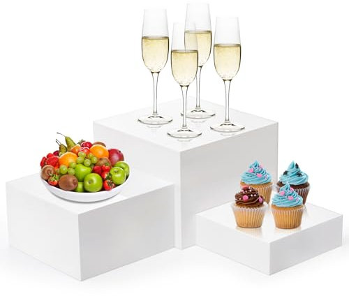Hacaroa Set von 3 Acryl Cube Riser Hohlboden, Glänzende Weiße Buffet Riser Food Display Stand, 5 Seiten Cupcake Stand Nesting Display Boxen für Schmuck, Sammlerstücke, Figuren, 3 Größen