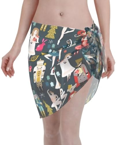 Women's Nutcracker Ballet Xmas Dance Women's Beach Short Apron See-Through Smock Chiffon Bikini Wrap Dress Swimsuit Black