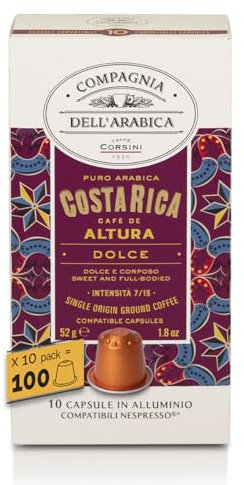 Caffè Corsini - Costa Rica 100 Capsules Compatibles Nespresso, Café 100% Arabica, Intensité 7/13, 10 Boîtes de 10 Capsules, 520g