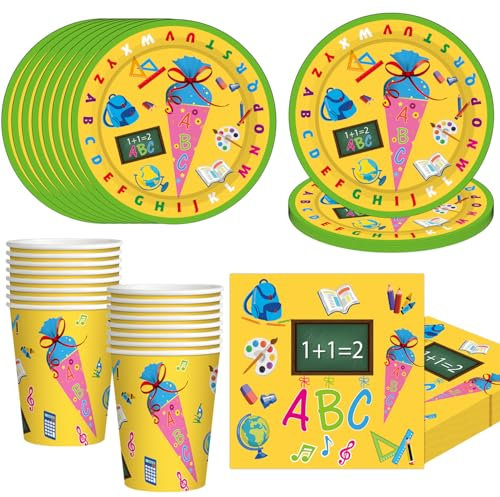 Bikasun Einschulung Partygeschirr Set, 16 Gäste Schulanfang Pappgeschirr mit Pappteller Teller Tassen Servietten, Kinder Schulkind Schulstart Party Geschirr, Tischdekoration für Mädchen und Jungen