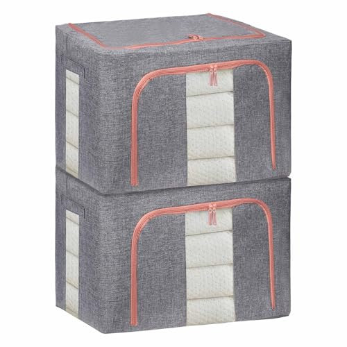 DAWNTREES 2 Pack Clothes storage Boxes,Foldable Steel Frame Storage Boxes Clothes,Clothing Storage Bins with Lid,Linen Storage Box With Clear Window,Zippers,Durable Handles