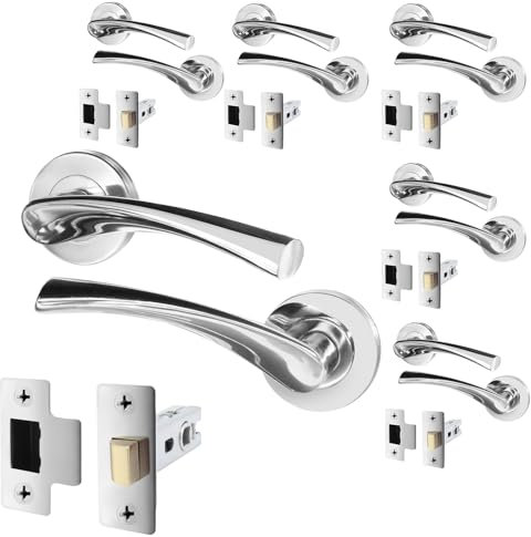 EAI Chrome Door Handle Latch Set - Pack of 6 | Round Internal Door Handles & Latch (64mm) | Polished Chrome Lever on Rose Novoli Range
