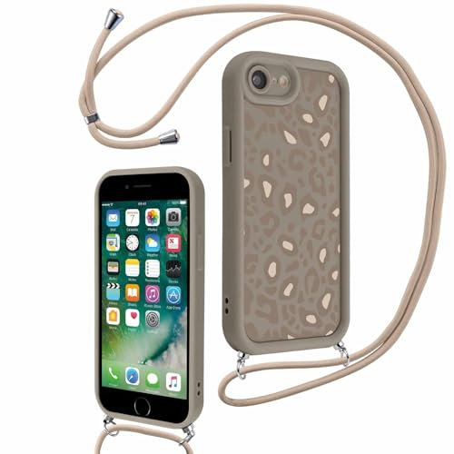 Foonary Handykette für iPhone 7/8/SE2020/2022 4,7 Hülle mit Band Aesthetic Leopard Muster Design Handyhülle mit Kette Schutzhülle zum Umhängen Silikon Case Cover für iPhone 8,Khaki