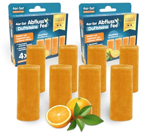 Abflussfee 8er Nachfüll-Set für Abflussfee Waschbeckenstöpsel | Reinigungssteine für Abflüsse jeder Art, Abflussreiniger | inkl. Frische Duft [Orangen Aroma]