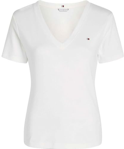 Tommy Hilfiger Camiseta de Manga Corta Mujer New Slim Cody con Cuello de Pico, Blanco (Nos Ecru), XXS