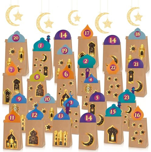 Ramadankalender zum Befüllen,30 Stück Ramadan Kalender Geschenktüten mit Dach,1-30 Digitale Aufkleber und Ramadan Sticker,Islam Eid Mubarak Kalender DIY Geschenktüten