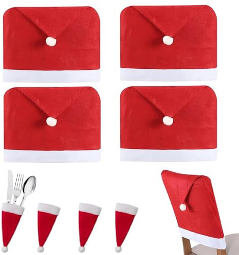 PUERHUACI Stuhlhussen Weihnachten 4er Set,Vliesstoff Weihnachtsstuhlhussen mit 4 Weihnachtsmütze,für Gabel Messer,Nikolausmütze Stuhlabdeckung für Weihnachtsfeier Dekoration