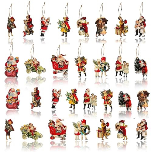 Nhemeylp 45 PCS Vintage Victorian Style Christmas Hanging Ornament, Santa Claus Kids Wood Hanging Pendant for Door, Window, Tree Decoration