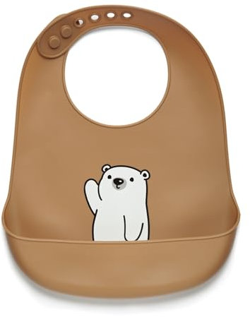kidnort Verstellbares Silikonlätzchen mit Taschendesign und Bärenaufdruck (Retter Brun)
