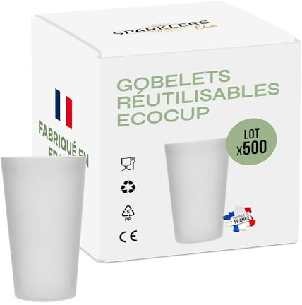 SPARKLERS CLUB Gobelet Ecocup Réutilisable 30 cl Givré Lot de 500 | Polypropylène sans BPA, Fabriqué en France, Givré Translucide, 150 Cycles Lave-Vaisselle, Empilable, 100% Recyclable