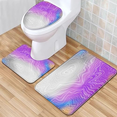 Bad Teppiche Set Grau Lila Abstract Badezimmerteppich Waschbar WC Vorleger mit Ausschnitt und WC Deckelbezug 3 Teilig Badematte rutschfest Toilettensitzbezug Badgarnitur 45x75 cm