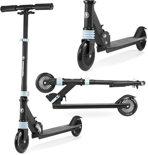 HyperMotion Wally Kinder-Scooter mit höhenverstellbarem Lenker, PU-Räder, Stoßdämpfer, klappbar und leicht, bis 40 kg, für Kinder ab 4 Jahren, schwarz/blau