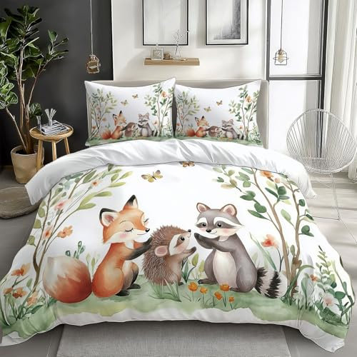 CozyRest Enfants Adulte Parure de Lit 90 x 190 cm Animaux de la forêt Motif Housse de Couette Polycoton avec Fermeture Eclair, Forêt à l'aquarelle Literie avec 1 Taies d'oreiller
