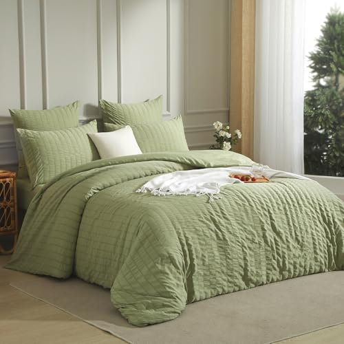 Luofanfei Housse de Couette Vert Sauge 220x240 Seersucker Unie Parure de Lit 2 Personnes Adulte Linge de Lit en Microfibre Uni Parure Housse Couette zippée avec 2 Taies d'oreiller 65x65