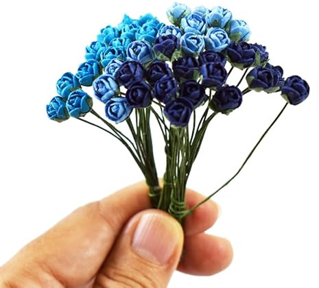 KADADSA Set of 45 Small Blue Artificial Mulberry Paper Roses for Wedding, Scrapbooking (0.5 cm Blue Tint)