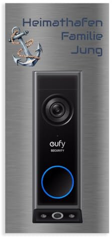 Jung Edelstahl Design Türschild für Eufy E340 aus V2A Edelstahl - Klingelschild 18x20 cm oder 22x10 cm Haustürschild mit Namen personalisierbar (Edelstahl, 22x10 cm)