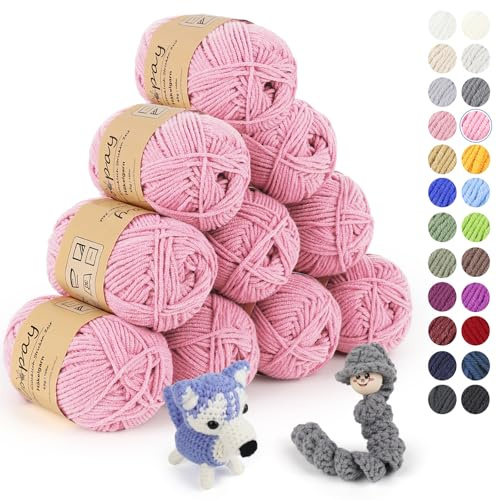 Coopay Wolle zum Häkeln, 450g (10x45g) Weiches Häkelgarn, 5 Faiding Wolle zum Stricken, Babywolle zum Häkeln für Anfänger, Super Weich Häkelgarn Babywolle für Häkel- und Strickprojekt - Hellpink