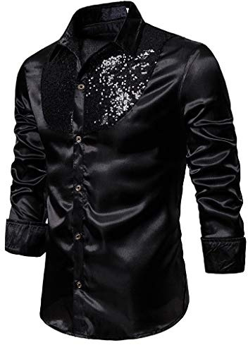 Costume da discoteca da uomo in raso lucido con paillettes, camicia a maniche lunghe con bottoni, formale casual, camicia da lavoro, slim fit, elasticizzata, da discoteca, per matrimoni, balli di fine