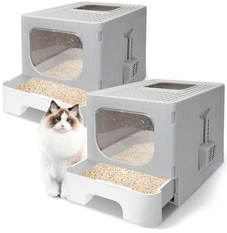 Nobleza - 2 x Lettiera per Gatti Chiusa, Lettiera Toilette Chiusa Pieghevole con Coperchio, con Vassoio Estraibile e Paletta, 48.5 x 38.5 x 38.2 cm