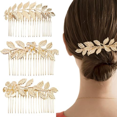 Lot de 3 peignes à cheveux vintage en métal, pinces décoratives en forme de feuille de mariée, peigne à cheveux doré torsadé français pour femmes