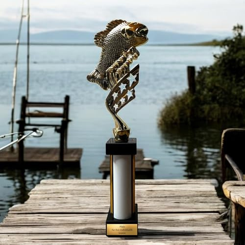 eberix · Angelsport Pokal · mit Wunschgravur · Trophäe mit Fisch-Motiv inkl. Gravur · Siegerpokal für Angelturnier, Vereinsfischen, Fischerfest, Raubfisch-Cup · personalisierbar ·