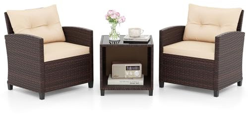 COSTWAY Salon de Jardin en Rotin PE 3 Pièces, 1 Table Basse 2 Niveaux Plateau en Verre Trempé et 2 Fauteuil avec Coussins Lavable, Ensemble de Conversation pour Terrass Piscine