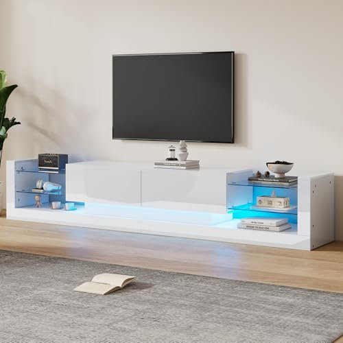 BTM TV Stand Cabinet with 2 Closed Sliding Door and Open Glass Storage, TV Stand with LED Lights and High Gloss Panel for TV up to 75 inch, 181x38x38cm, White
