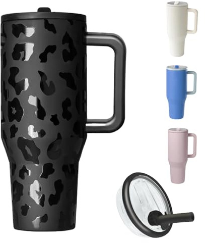 ZHUIYIWIN Thermobecher, Kaffeebecher to Go Thermobecher, Perfekt für Heiße & Kalte Getränke, Vakuum Auslaufsicher Trinkbecher mit Strohhalm und Henkel (Leopardenmuster, 1180 ml)