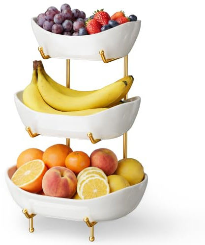 Josmimic Keramik 3-stufige Obst Etagere mit Metallständer, Weiß Gold | 3-stufiger Keramik-Obstkorb mit goldenem Metallständer, für Obst, Gemüse, Snacks, Nüsse und Gebäck, Küche & Esszimmer