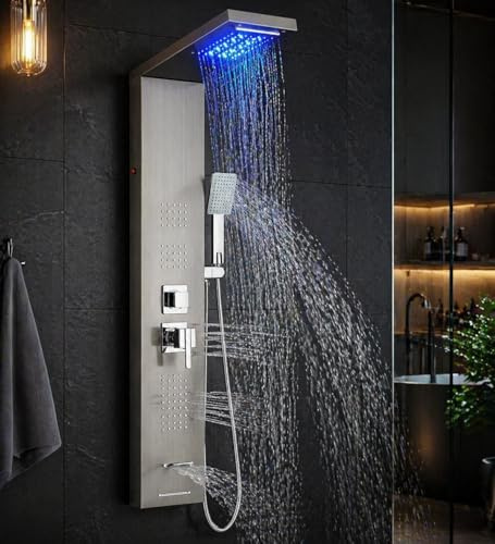 Duschpaneel mit Armatur 5 Funktionen Duschpaneel mit LED Regendusche Duschpaneelsystem mit 4 Eckige Massagedüsen Handbrause Wanneneinlauf, Duschpaneele Komplett aus Edelstahl Gebürstet, Wandmontage